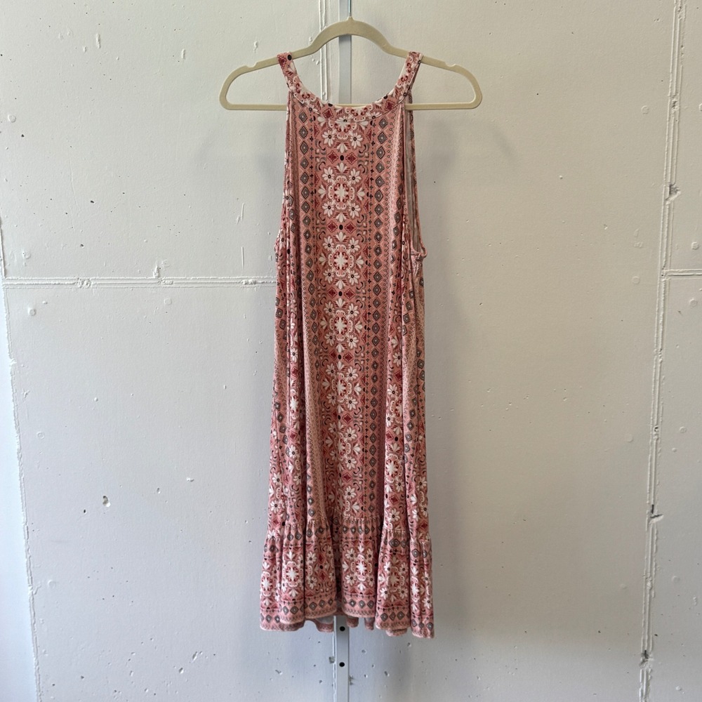 LOFT Outlet Pink Floral Medallion Halter Swing Dress XL Ruffle Hem Keyhole Back